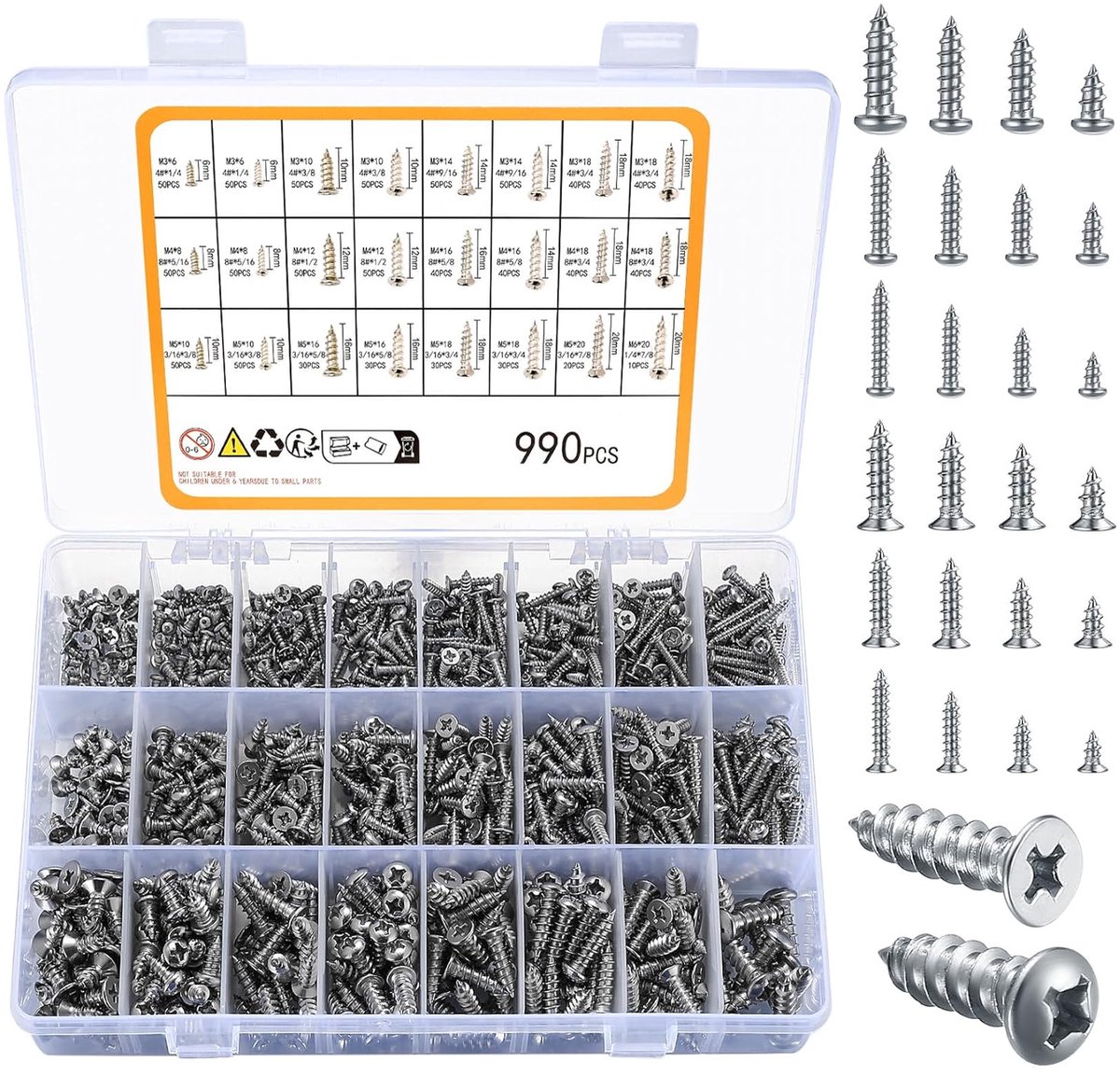 Famanu – Zelftappende schroevenset M3–M6 van roestvrij staal met platte en ronde koppen, kruiskop, veelzijdig assortiment (990 stuks)
