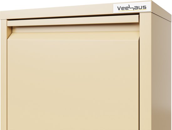 Close-up van de bovenkant van een ivoorkleurige prullenbak met de merknaam 'Veehaus' erop.