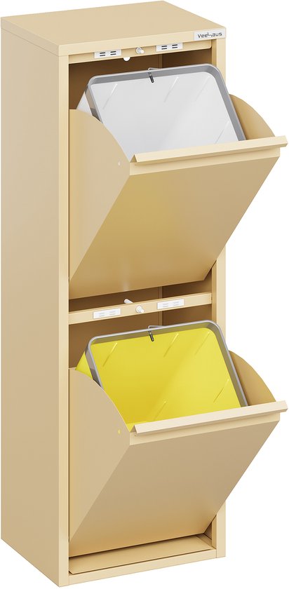 Een hoge, ivoorkleurige prullenbak met twee open vakken, elk met een witte en een gele binnenemmer.