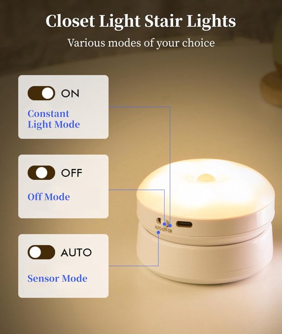 Plakbare Nachtlamp Oplaadbare Batterij Met 360 Graden Draaibare Bewegingssensor LED Lamp Voor Slaapkamer Keuken Hal En Ingang Warm Licht van Merkloos — afbeelding 5