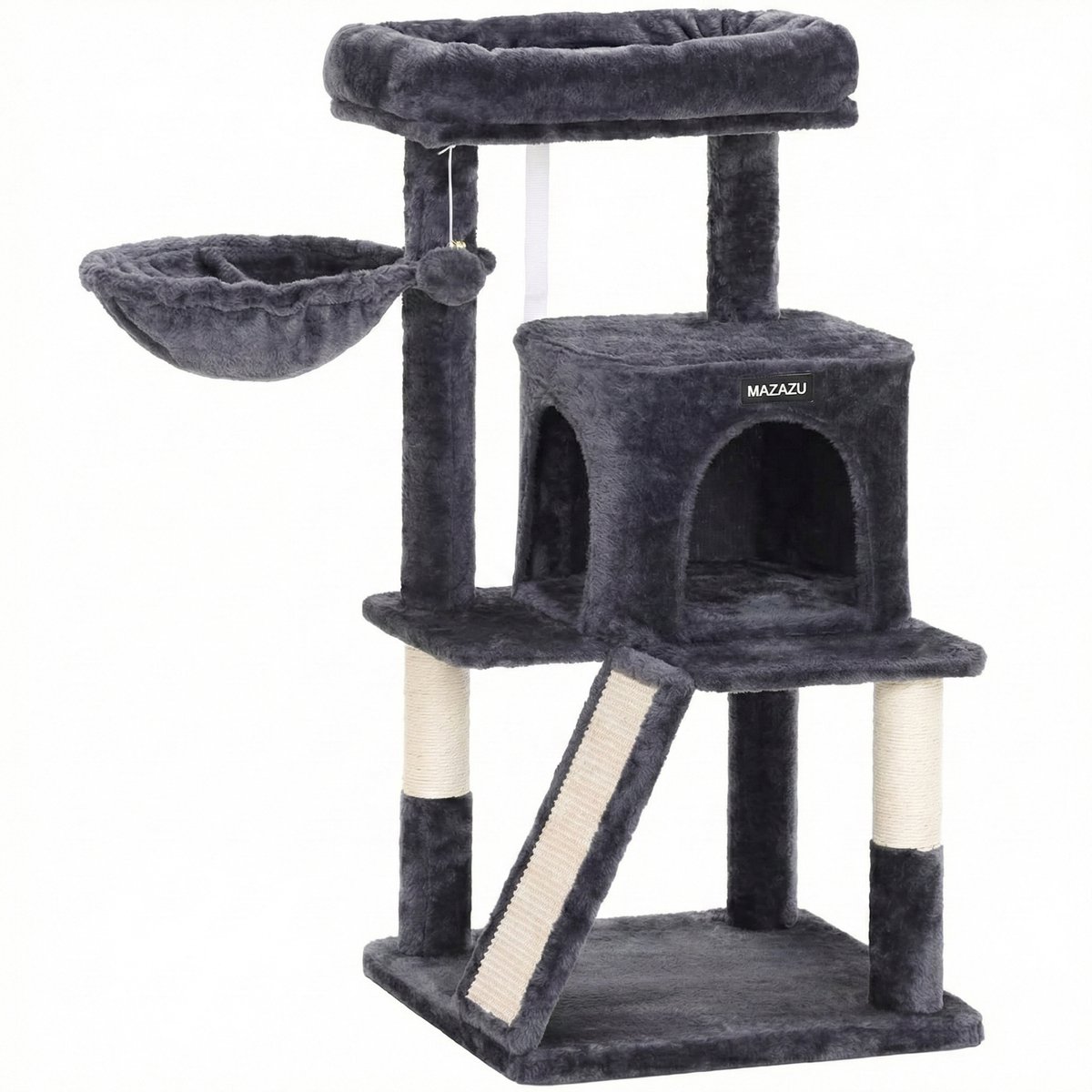 MAZAZU Design Krabpaal Compact - Met Ergonomische Loopbrug - Luxe Pluche & Sisal - Industrieel Kattenmeubel Donkergrijs - 48x48x96