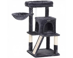 MAZAZU Design Krabpaal Compact - Met Ergonomische Loopbrug - Luxe Pluche & Sisal - Industrieel Kattenmeubel Donkergrijs - 48x48x96