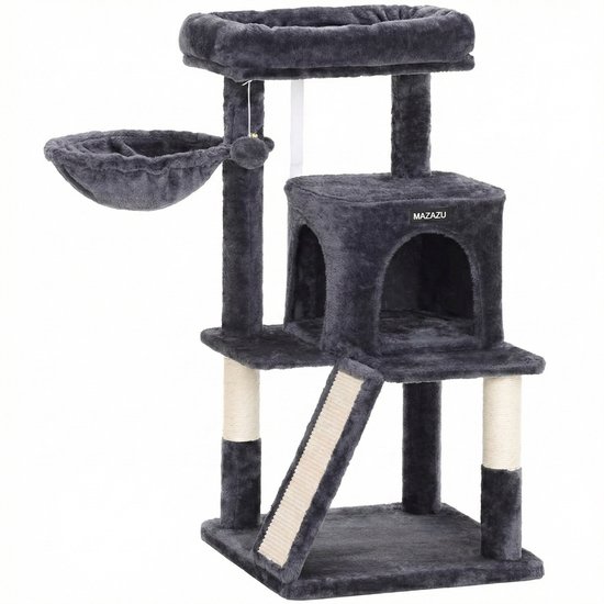 MAZAZU Design Griffoir Compact - Avec Passerelle Ergonomique - Luxe Peluche & Sisal - Meuble Chat Industriel Gris Foncé - 48x48x96