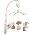 Witte muziek-mobiel met beige arm en gebreide sterren, wolken en manen.