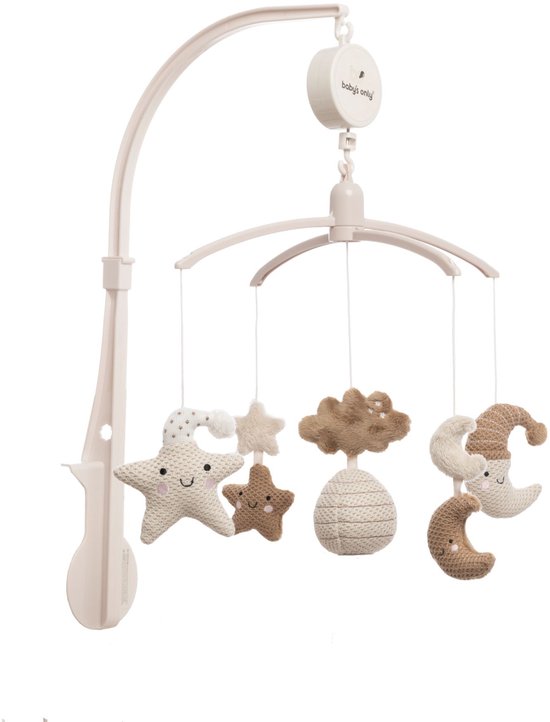 Witte muziek-mobiel met beige arm en gebreide sterren, wolken en manen.