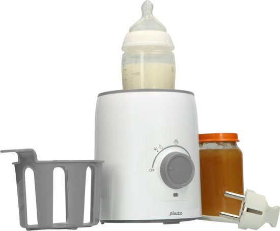 Witte Alecto flessenwarmer met babyfles, potje babyvoeding, mandje en stekker.
