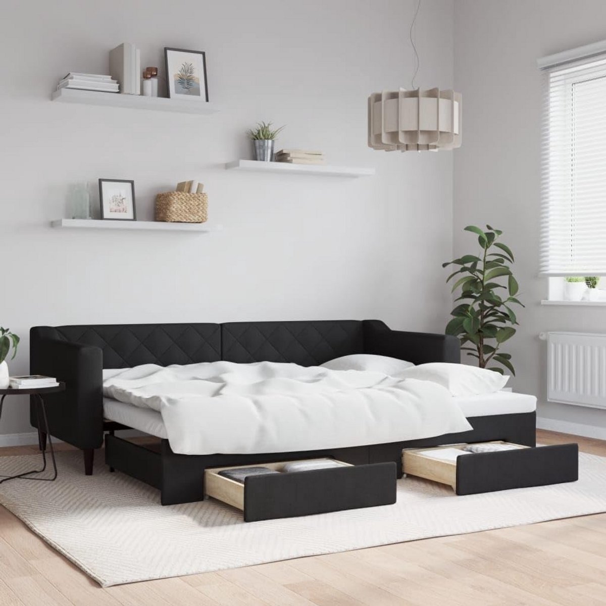 Sofa Bed Uitschuifbaar met Trundle en Opbergladen - 80x200 cm - Zwart Stof
