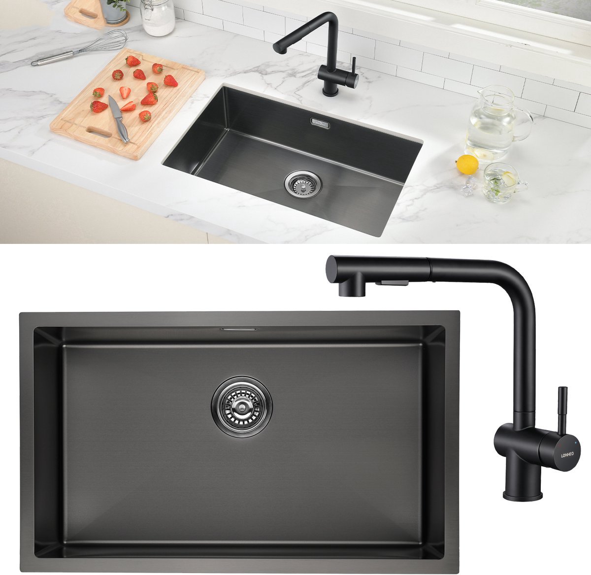 Lonheo max Spoelbak Antraciet 74x44cm - Met keukenkraan met uittrekbare uitloop - Spoelbak Keuken RVS - Spoelbakken Keuken - Wasbak Keuken met Afvoersysteem