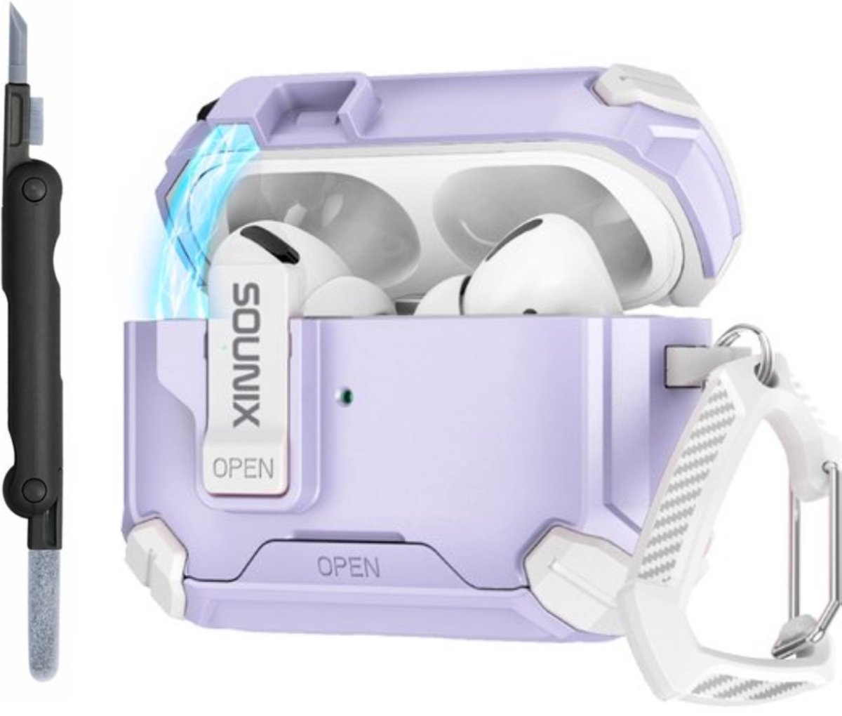 Sounix Hoesje geschikt voor Airpods Pro 1 / 2 - Met schoonmaak borstel - Airpods Pro Hoesje - Armor Case met Lock - Wit /Paars