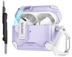 Sounix Hoesje geschikt voor Airpods Pro 1 / 2 - Met schoonmaak borstel - Airpods Pro Hoesje - Armor Case met Lock - Wit /Paars