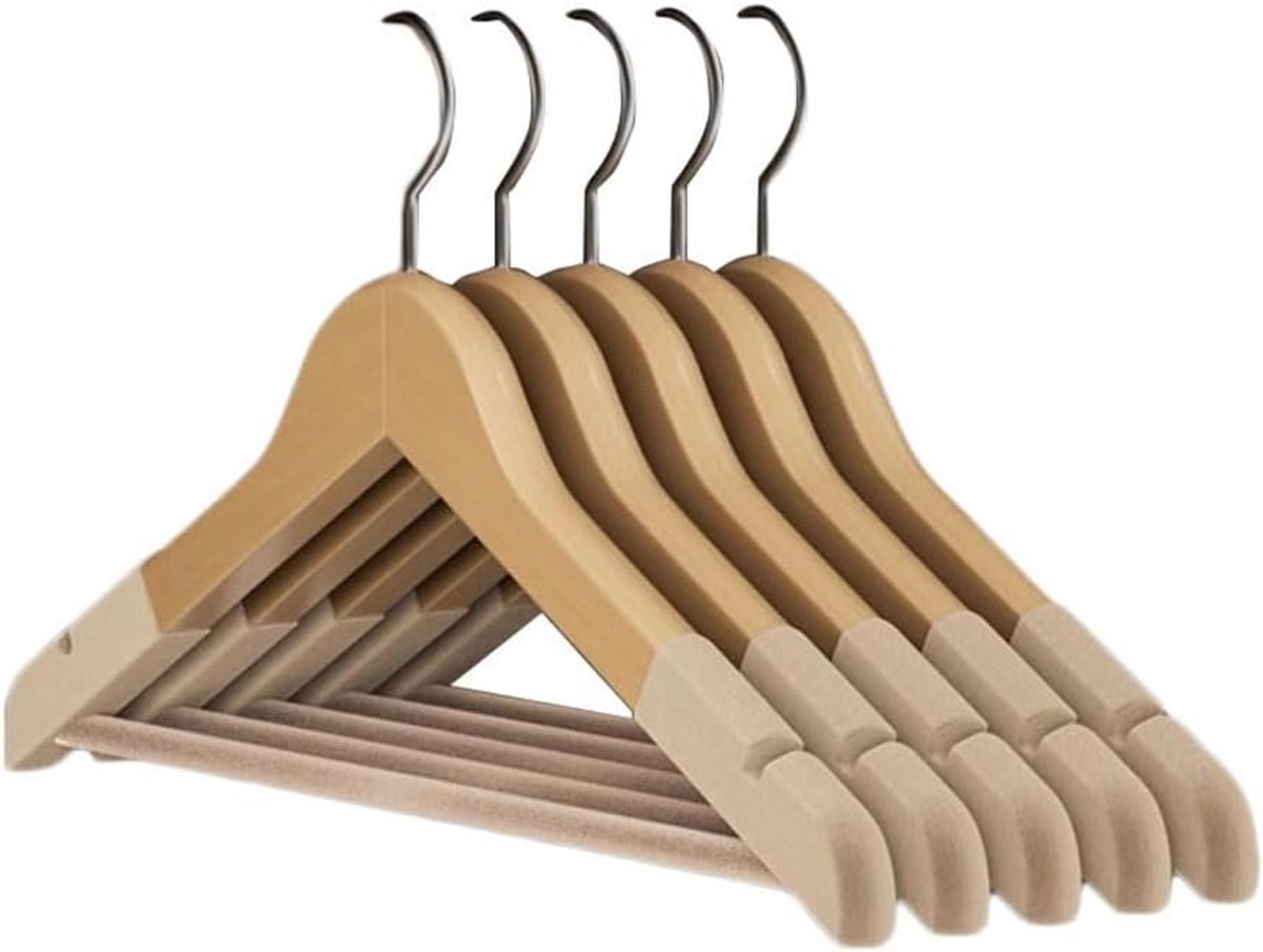 Houten Kledinghangers Set van 5 met Antislip Broekstang en Schouderinkepingen