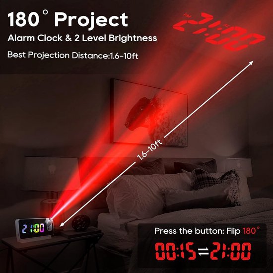 Digitale Projectiewekker met Nachtlampje - 180° Flexibele Projectie en Dimmer - Wekker voor Slaapkamer en Kinderen — afbeelding 5
