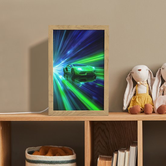 Nachtlampje 20x30 cm - Kinder lamp - Snelheid - Licht - Sportwagen - Groen - Tafellamp kinderkamer - Slaapkamer lamp - Bedlamp kinderen - Kinderlampje stopcontact - Wandlamp babykamer - Nachtlampjes van Decofun — afbeelding 3