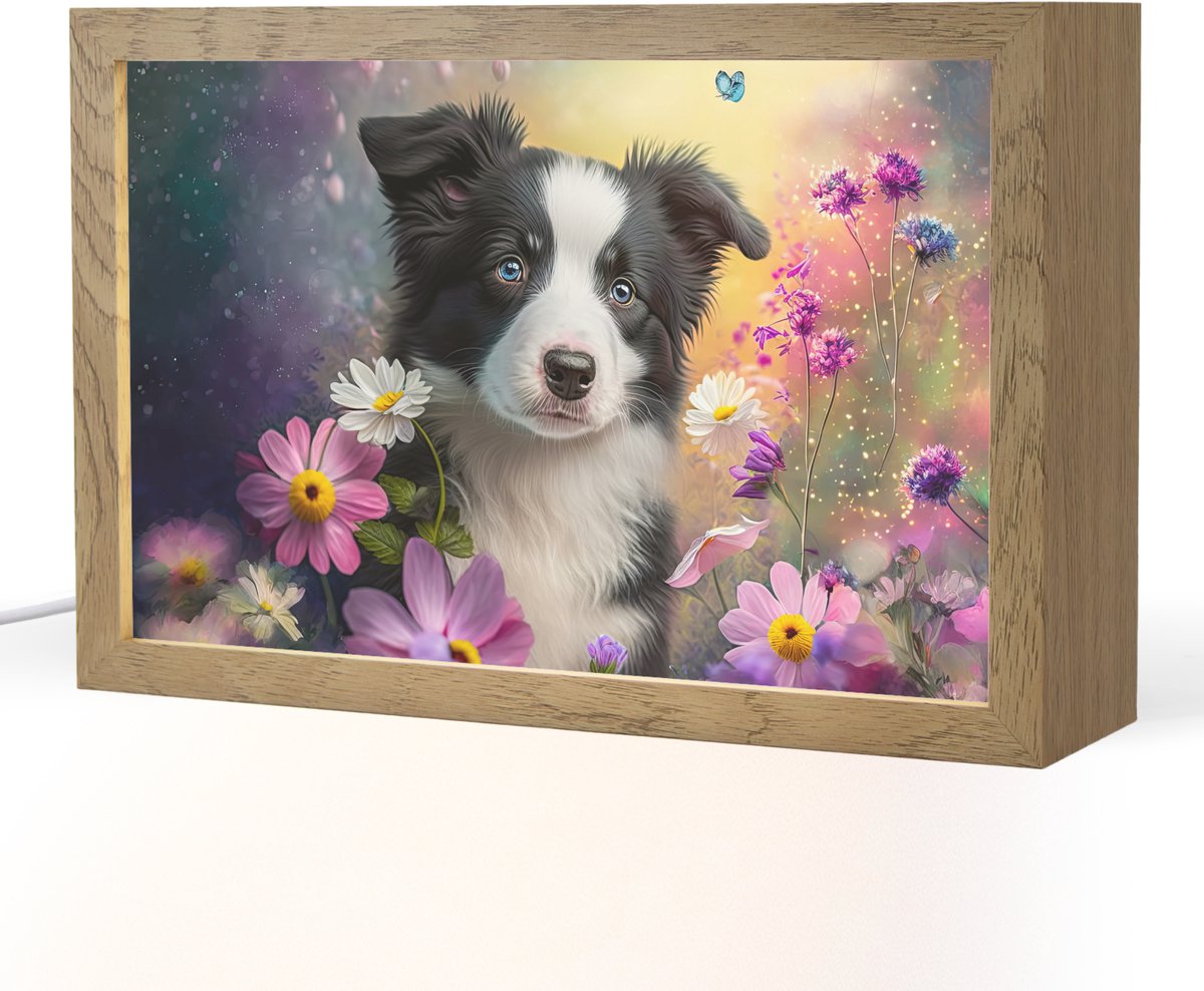 Nachtlampje 30x20 cm - Kinder lampje - Hond - Bloemen - Natuur - Puppy - Bordercollie - Ta