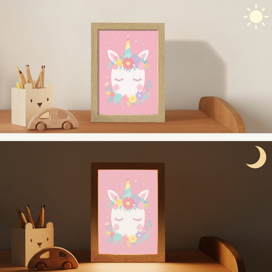 Nachtlampje 15x20 cm - Kinder lamp - Eenhoorn - Bloemen - Roze - Tafellamp kinderkamer - Slaapkamer lamp - Bedlamp kinderen - Kinderlampje stopcontact - Wandlamp babykamer - Nachtlampjes van Deco Belle — afbeelding 4
