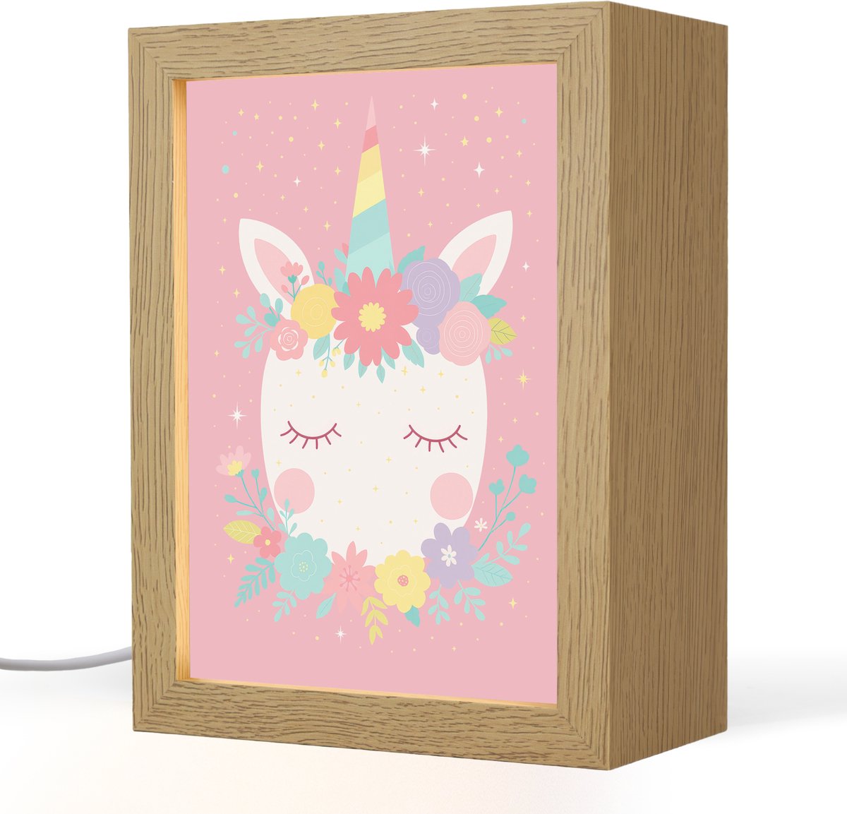 Nachtlampje 15x20 cm - Kinder lampje - Eenhoorn - Bloemen - Roze - Tafellamp kinderkamer -