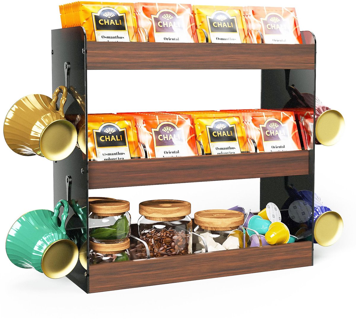 Ibenzoa® Houten en Acryl Thee Organizer met Drie Lagen en Verstelbare Compartimenten