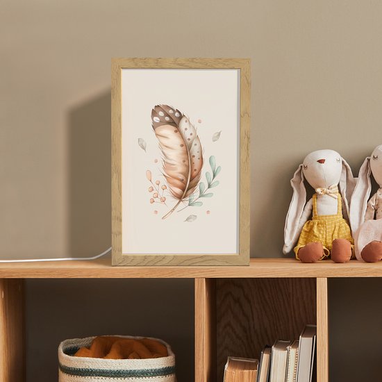 Nachtlampje 20x30 cm - Kinder lampje - Veer - Bohemian - Boho - Pastel kleuren - Tafellamp kinderkamer - Slaapkamer lamp - Bedlamp kinderen - Kinderlampje stopcontact - Wandlamp babykamer - Nachtlampjes van OnlyWow — afbeelding 3