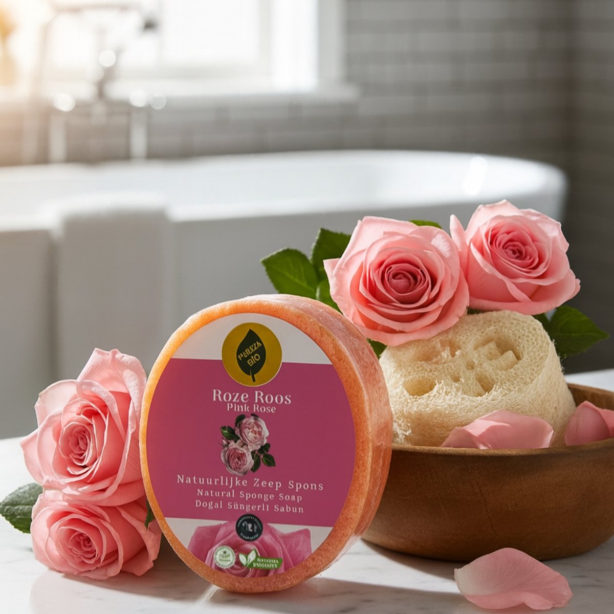 Roze Roos / Zeep Spons / Sponge Soap / Biologisch en handgemaakt (Voor gezicht en lichaam)