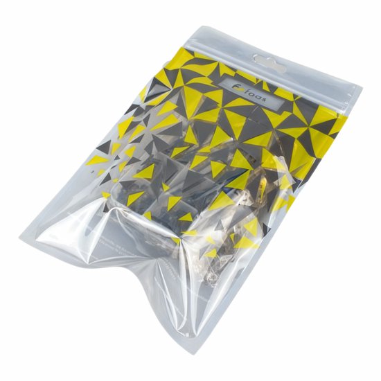 Verpakking met Faas veiligheidsoogjes met geometrisch patroon in geel en zwart.