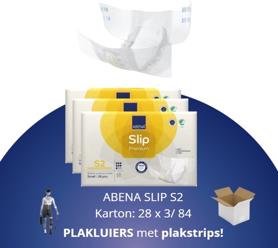 Drie pakken Abena Slip Premium S2 incontinentiebroekjes met plakstrips. Met een illustratie van een man met een stok.