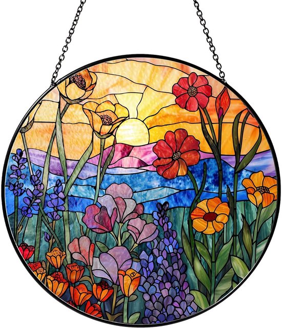 Glas-in-lood Zonvanger - Schattige Kat en Bloemen