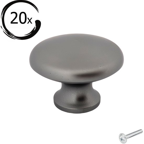 Lot de 20 Boutons d'armoire ronds Macon Grijs - Diamètre 27 mm - Boutons de meuble - Boutons de porte pour armoires - Fixations pour meuble - Boutons de porte - Boutons de meuble