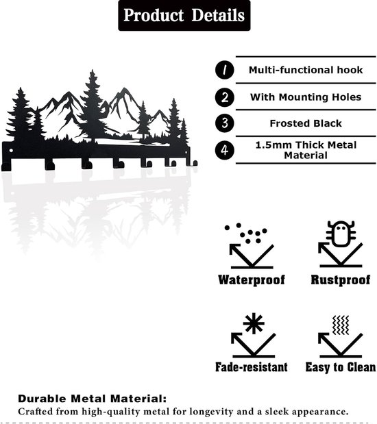Zwart metalen wandrek met bergen en bomen silhouet, met productdetails: multifunctioneel, montagegaten, matzwart, 1.5mm dik metaal, waterdicht, roestvrij, kleurecht, makkelijk schoon te maken.
