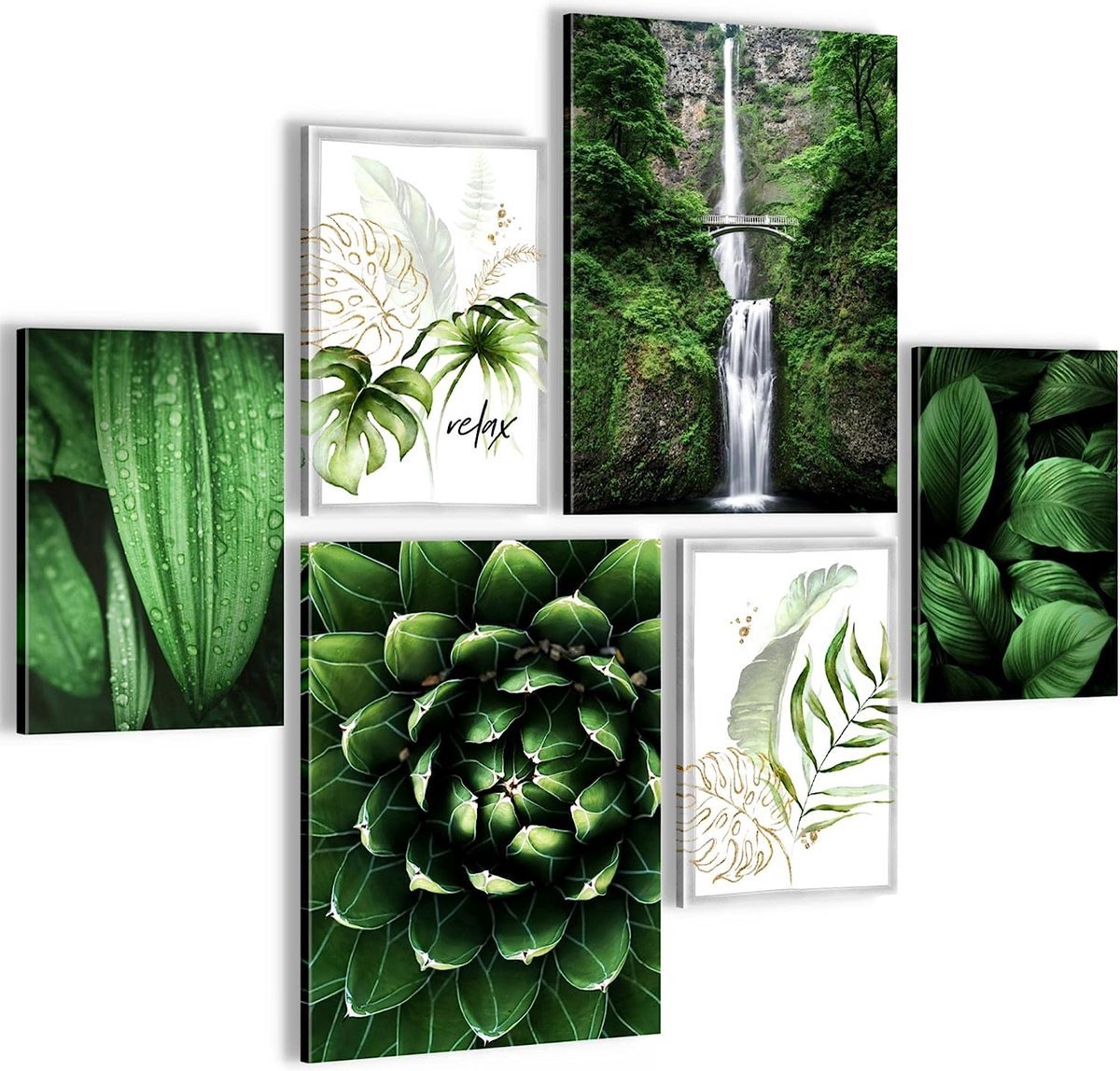 Stunq® Fotoset - klaar om op te hangen - geen extra lijst nodig - groene bladeren waterval moderne plant natuur - woonkamer slaapkamer
