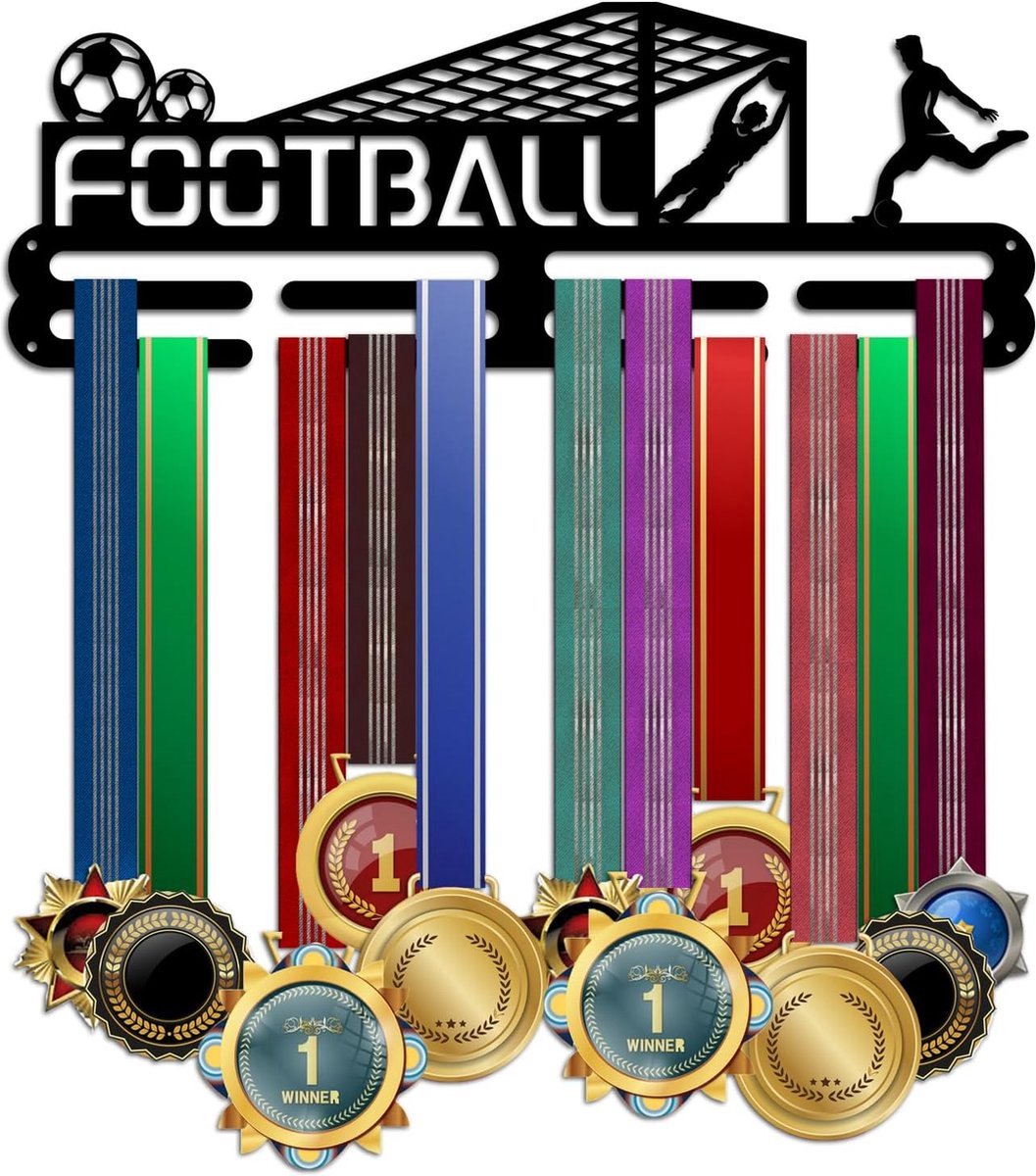 Stunq® Ophanger voor voetbalmedailles, medaillehouder, medaillehouder van massief ijzer met schroeven, 3 regels, wandgemonteerde medaillestandaard voor voetbalwedstrijden, 40 x 15 cm