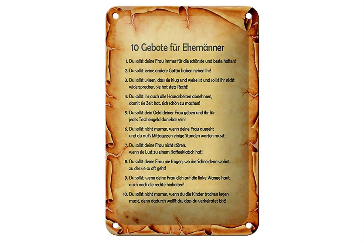 Blechschild Spruch 12x18cm 10 Gebote für Ehemänner