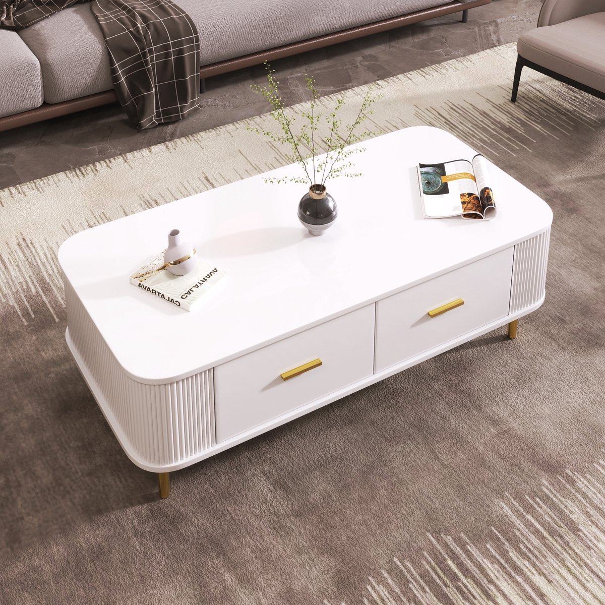 Wishdor Salontafel 105x51x38 cm van MDF, wit met goud, 4 laden, golvende zijkanten en afgeronde hoeken