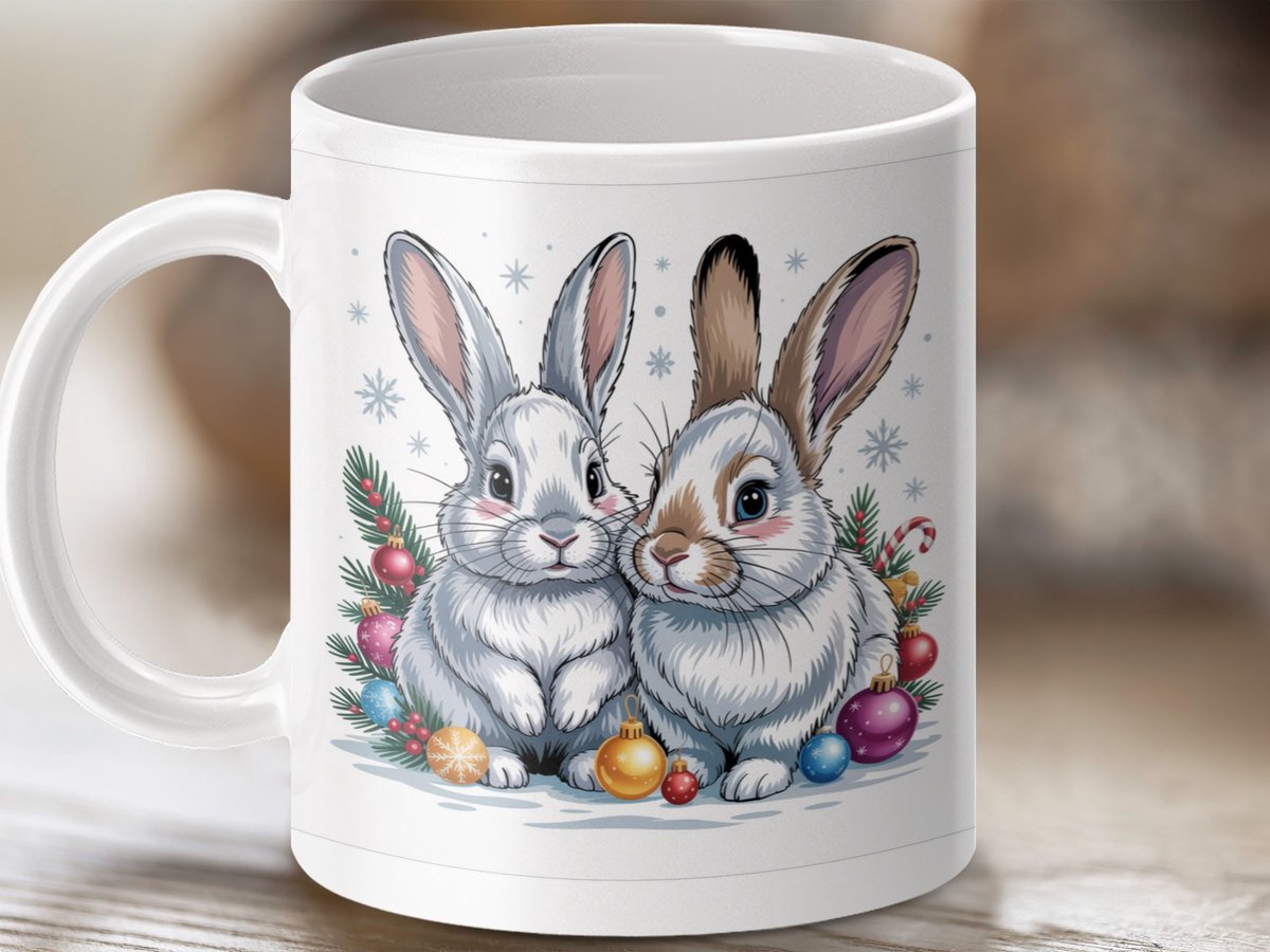 Mok Kerst Konijn Mok, Lief Konijnenpaar, Feestdagen Mok, Cadeau voor Konijnenliefhebbers, Kerstcadeau, Kerstversiering Mok, Winter Mok