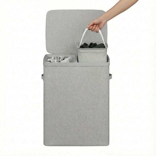 Panier à linge MAZAZU avec 2 compartiments - 100 litres - Trieur de linge avec couvercle - Poches de linge amovibles - Gris clair - Boîte de rangement pliable pour salle de bains et chambre à coucher - 56 × 40 × 67 cm