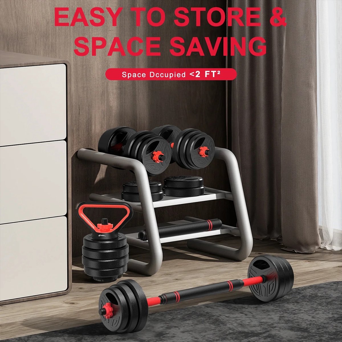 NaevaMi 3 in 1 Dumbells Set - Dumbbells - Kettlebells - Dumbbell Bars - 20kg Gewichten - Verstelbaar - Complete Home Gym Dumbbell en Krachtraining Oplossing - Thuis fitness - Fitness Schema - Zwart/Rood – foto 6