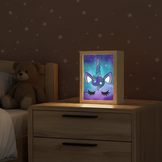 Nachtlampje 15x20 cm - Kinder lamp - Eenhoorn - Sterrenhemel - Ster - Blauw - Tafellamp kinderkamer - Slaapkamer lamp - Bedlamp kinderen - Kinderlampje stopcontact - Wandlamp babykamer - Nachtlampjes van Merkloos — afbeelding 2