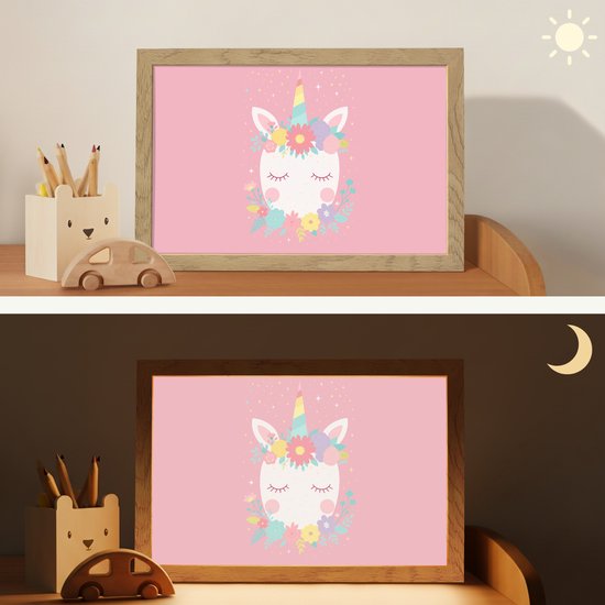 Nachtlampje 30x20 cm - Kinder lamp - Eenhoorn - Bloemen - Roze - Tafellamp kinderkamer - Slaapkamer lamp - Bedlamp kinderen - Kinderlampje stopcontact - Wandlamp babykamer - Nachtlampjes van Merkloos — afbeelding 4