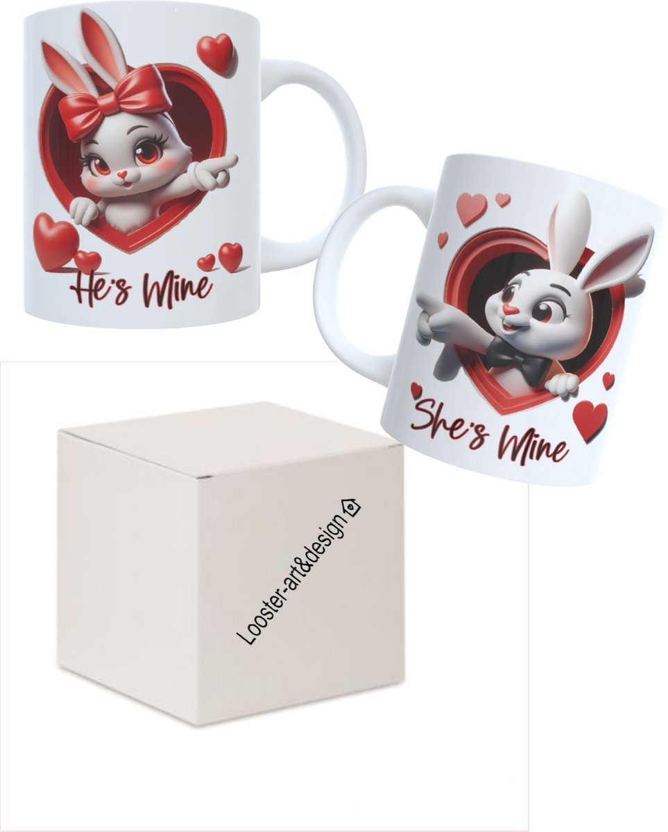 2 bedrukte mokken - bekers She’s Mine en He’s Mine - valentijn