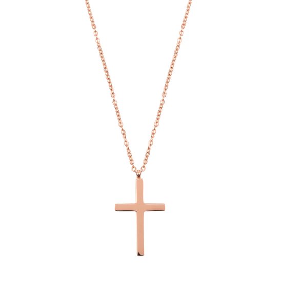 Een roségouden kruishanger aan een fijne ketting, geïsoleerd op een witte achtergrond.