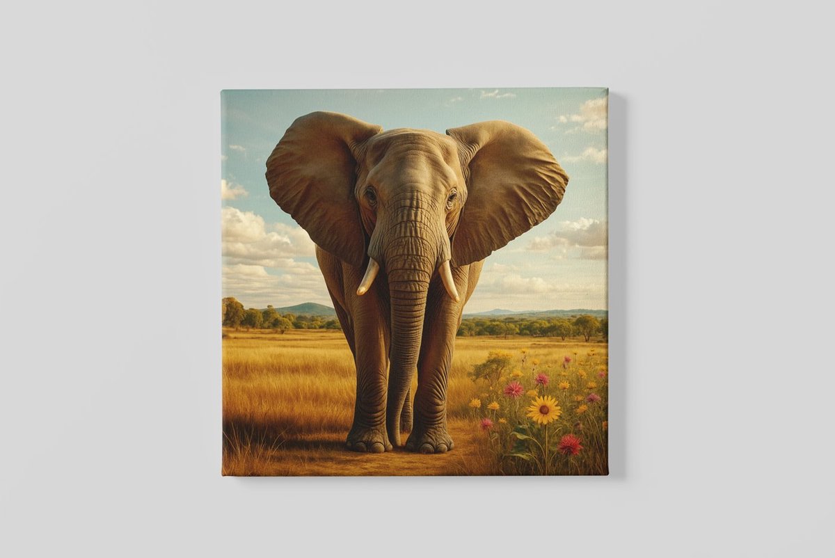 Trendex Global Vierkant Canvas Schilderij Dieren - Olifant in de Savanne - 60x60 cm Bruin