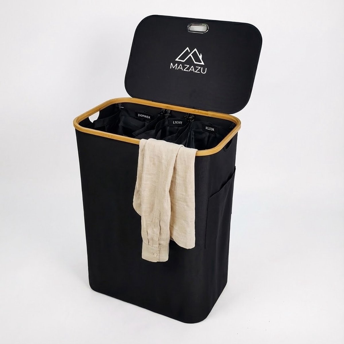 MAZAZU Wasmand met 3 Vakken - 150 Liter - Zwart & Bamboe - Wassorteerder met Deksel - Uitneembare Waszakken - Incl. Labels & Zijvak