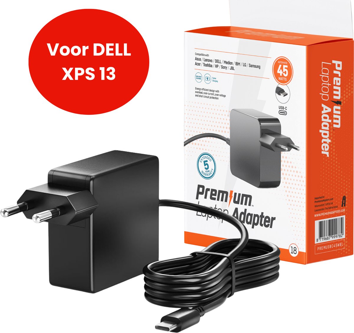 45W USB-C Laptop oplader voor Dell XPS 13 – Alle modellen vanaf 2016 – Kabel + Adapter