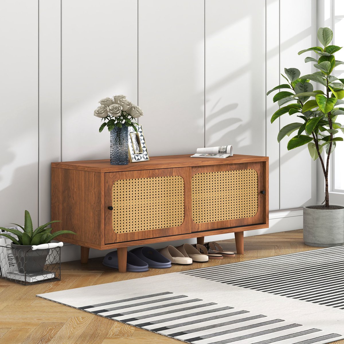 REDOM Schoenenkast 104x40x48 cm van spaanplaat met rattan-deuren, walnoot, met verstelbare planken