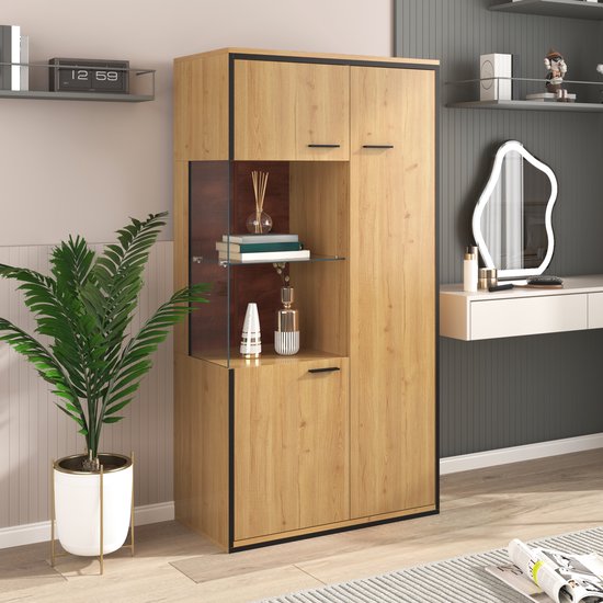 REDOM Vitrine 150x77,5x40 cm van MDF, met glazendeur en LED-verlichting, 3 verstelbare planken, naturel