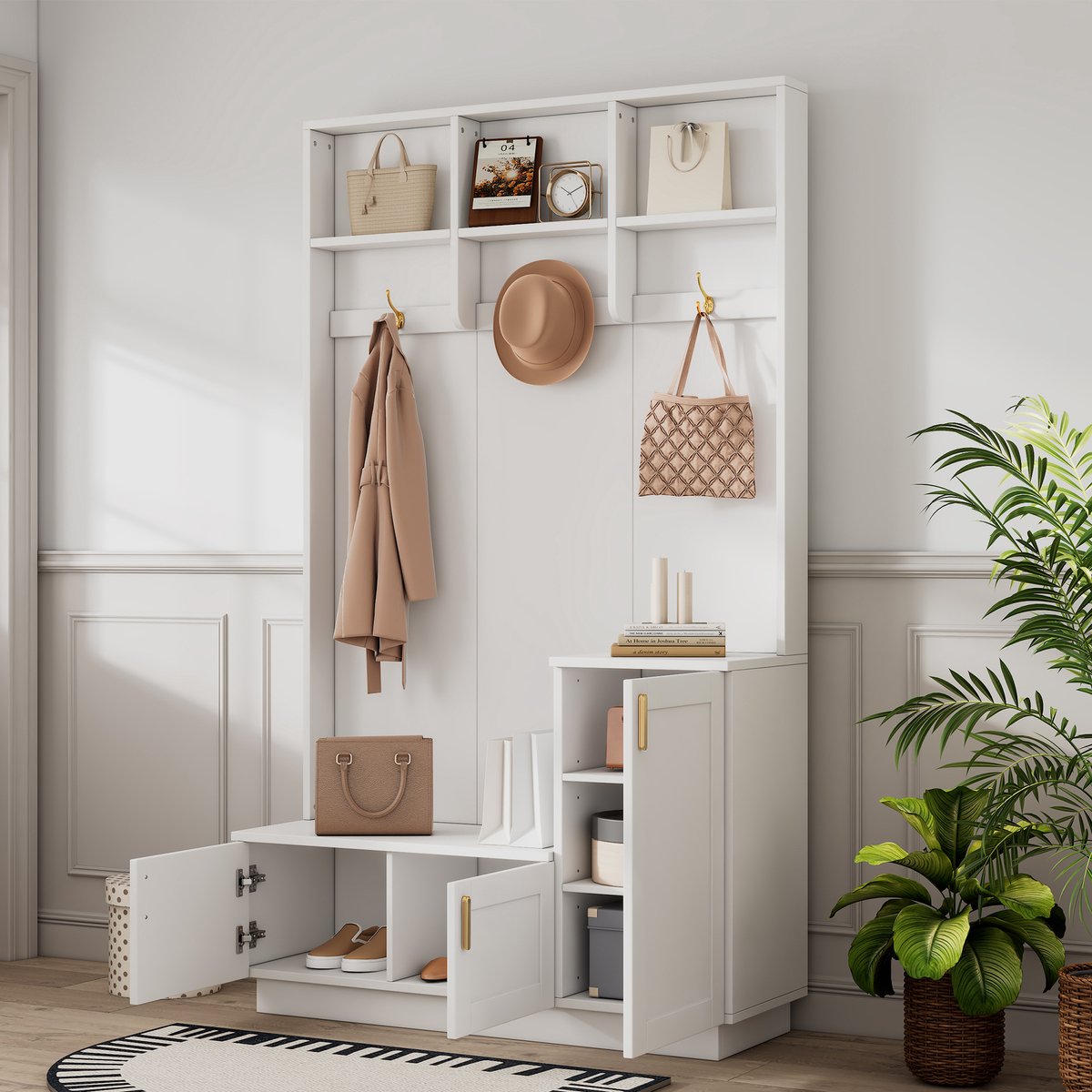 Wishdor - Garderobeset Met Zitbank En Schoenenrek - 3 Haken - Verstelbare Legplank - Spaanplaat En Metaal - Wit - 120x40x200 cm