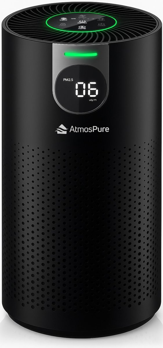 AtmosPure® CleanAir Luchtreiniger - Air Purifier met vervangbaar HEPA 13 + Koolstof filter - CADR 250 m³/h - Zwart - Voor 98 m² - Filtert pollen, huisstofmijtallergenen en fijnstof - 3 standen + stille slaapstand - Luchtkwaliteit Sensor — afbeelding 1