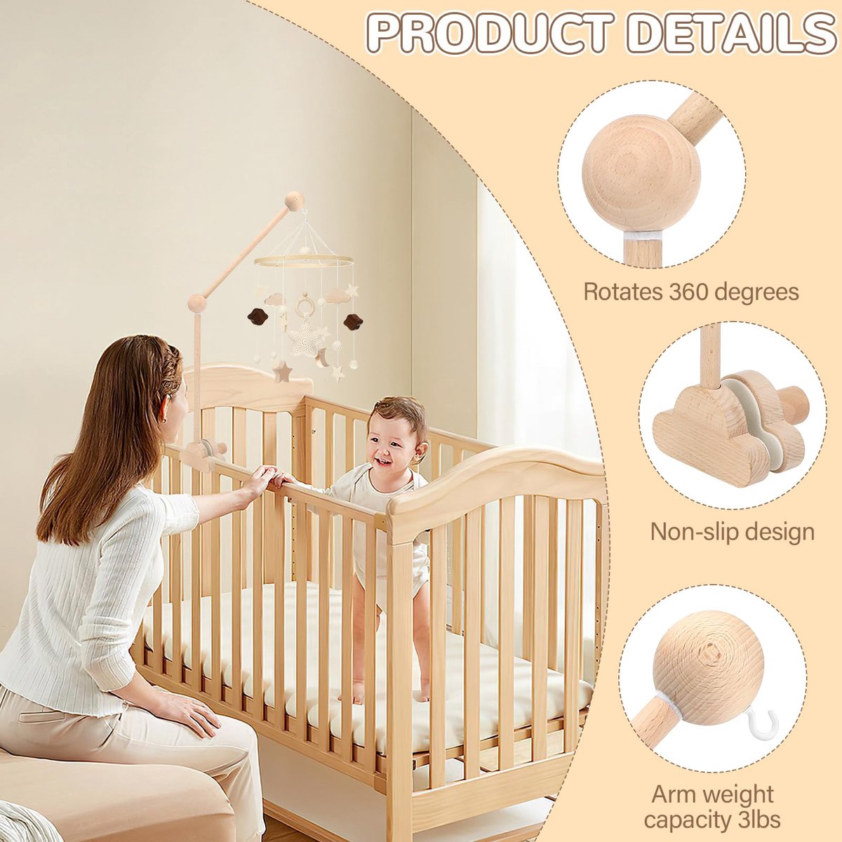 Houten mobielhouder voor babybed - Verstelbare baby mobiel standaard - Voor windgongen, bedbellen en babyspeelgoed - Aanpasbaar voor kinderkamer en commode - Houtkleur – foto 6