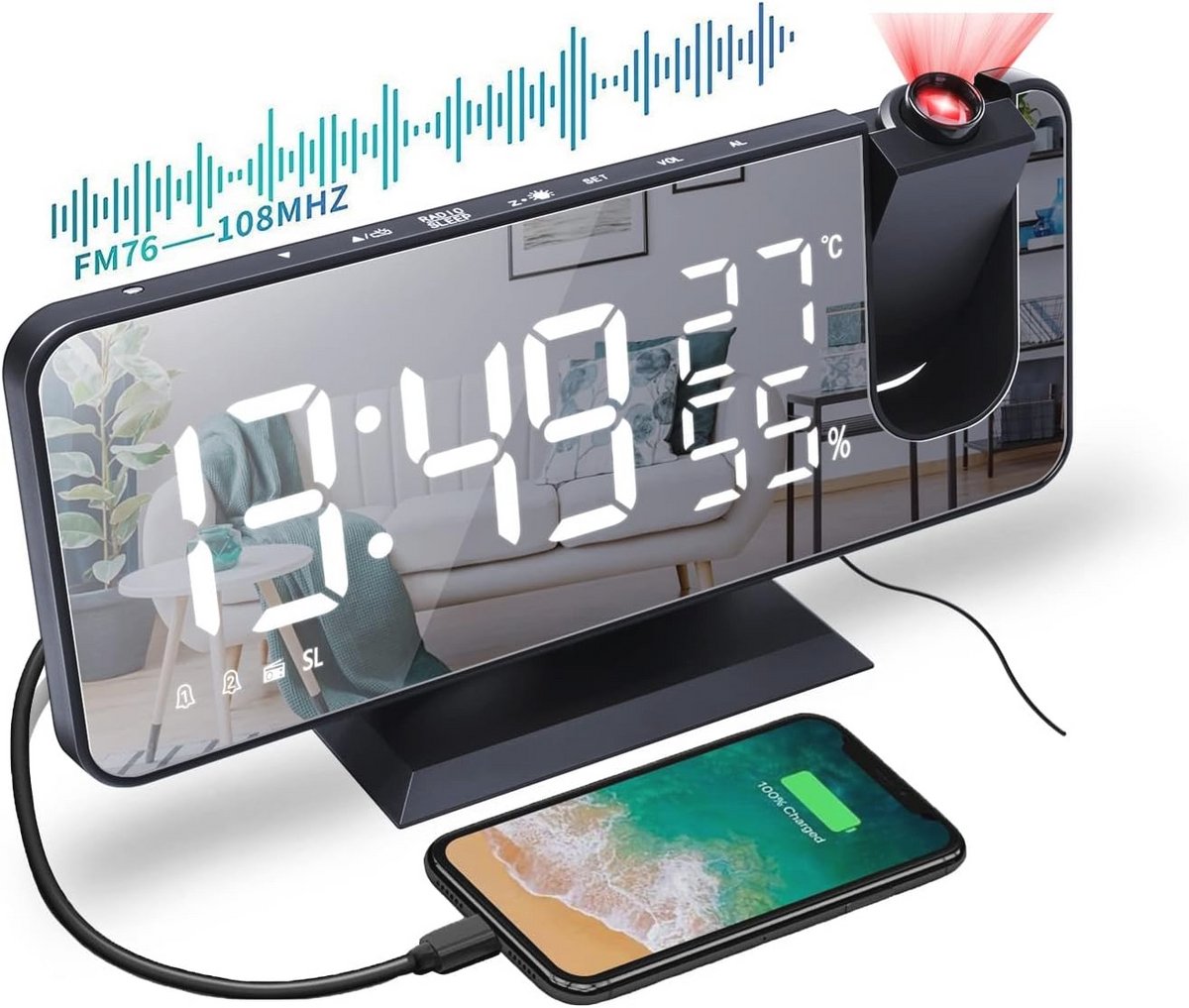 Digitale Projectiewekker met FM-radio en USB-aansluiting - 7 inch LED scherm