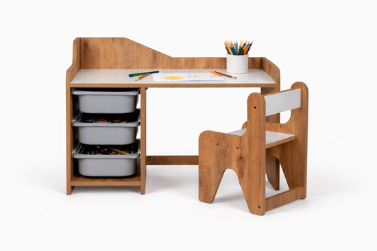 WoodWorks Kinderbureau met stoel – MDF hout – Kindertafel inclusief 3 grijze plastic lades – Walnoot/Wit – Voor kinderen 2-6 jaar