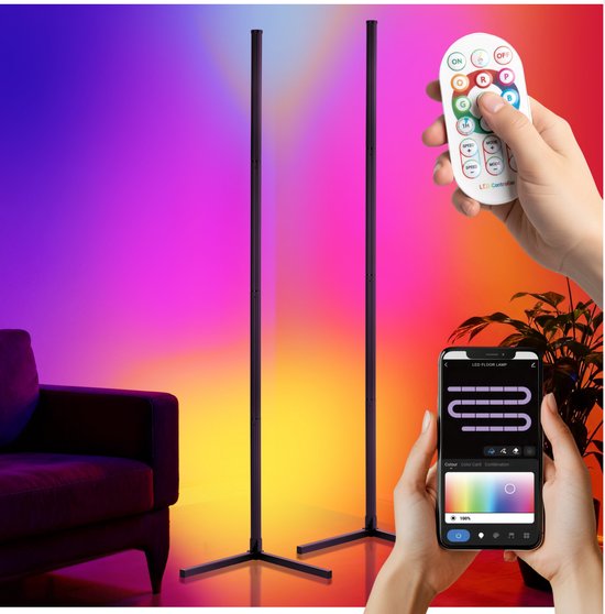tectake® Slimme LED Vloerlampen Spectra - Set van 2 - Hoeklamp met 16 miljoen Kleuren - 200 Lichteffecten - Staande Smart Lampen - 145 cm - Dimbaar - Bediening met App, Afstandsbediening, Knop en Spraak - Woonkamer Vloer Lamp - Sfeerverlichting